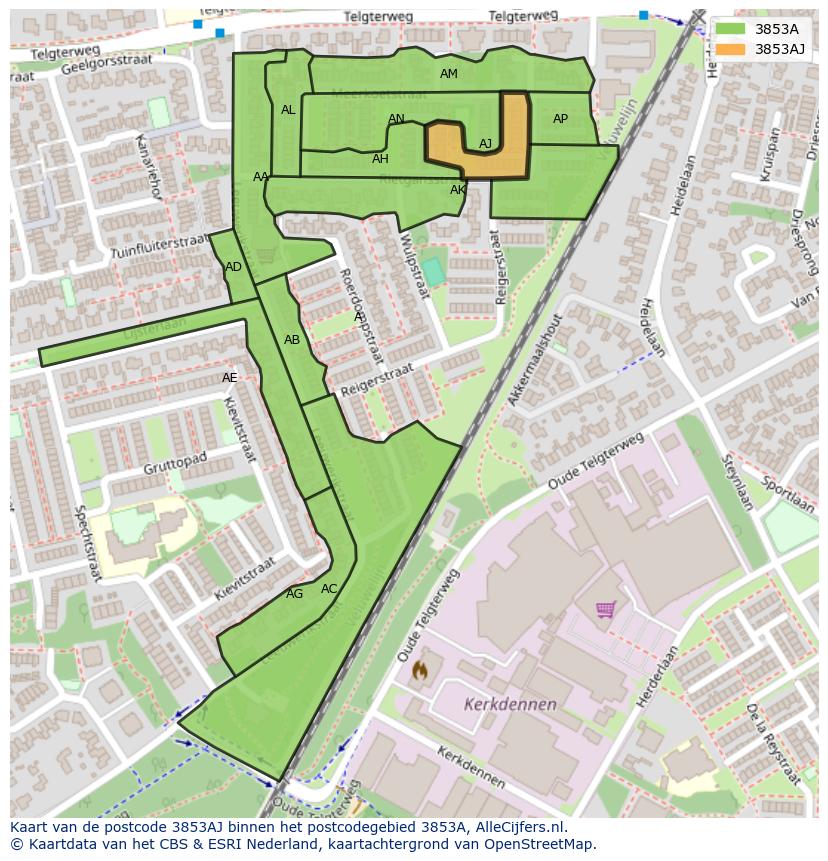 Afbeelding van het postcodegebied 3853 AJ op de kaart.