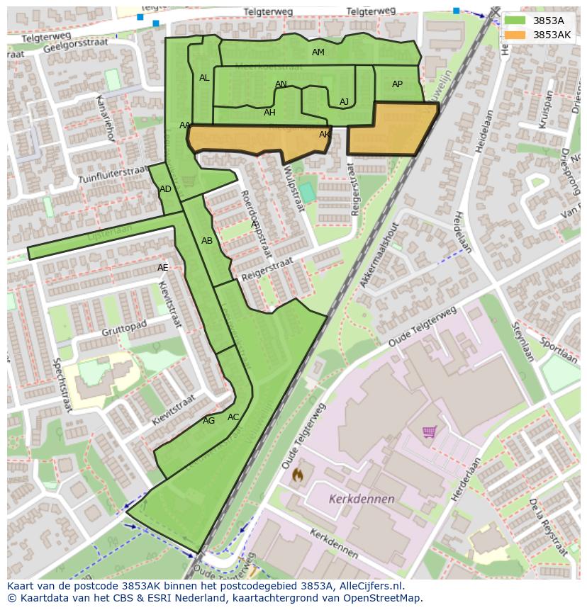 Afbeelding van het postcodegebied 3853 AK op de kaart.