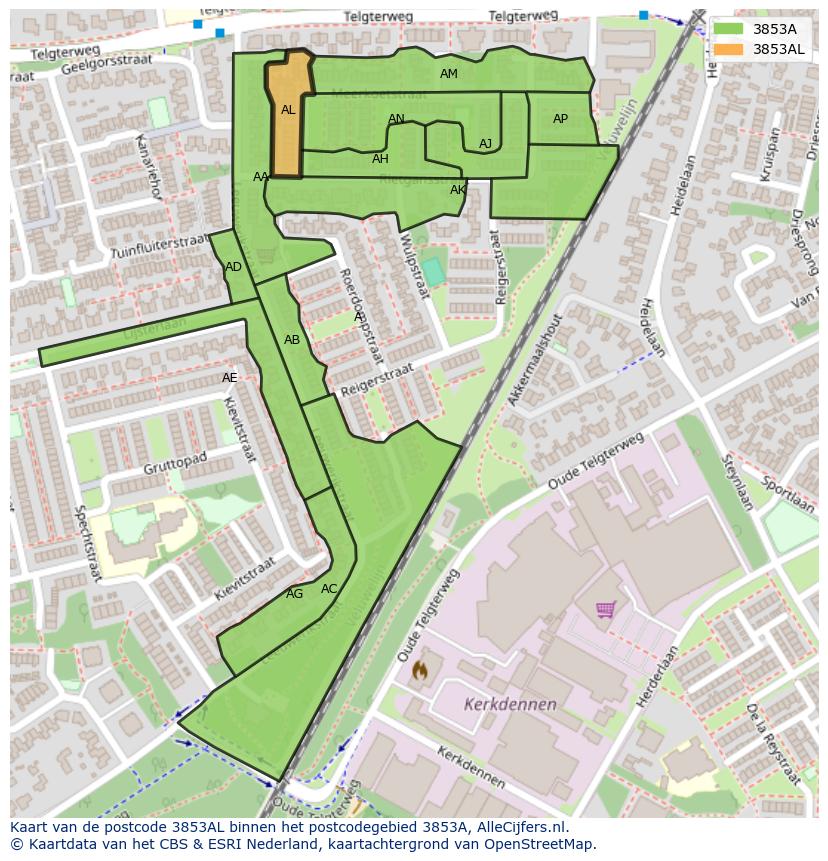 Afbeelding van het postcodegebied 3853 AL op de kaart.