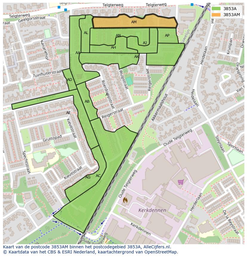 Afbeelding van het postcodegebied 3853 AM op de kaart.