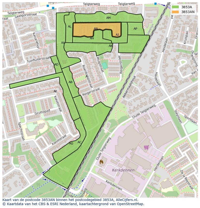 Afbeelding van het postcodegebied 3853 AN op de kaart.