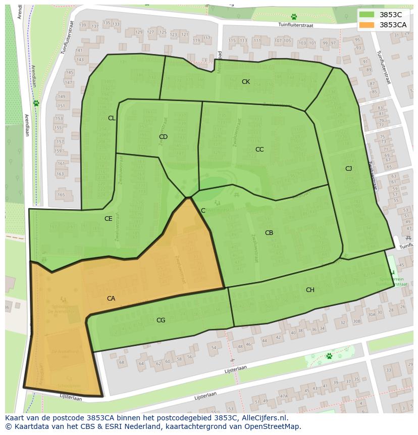 Afbeelding van het postcodegebied 3853 CA op de kaart.