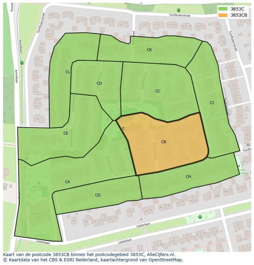 Afbeelding van het postcodegebied 3853 CB op de kaart.
