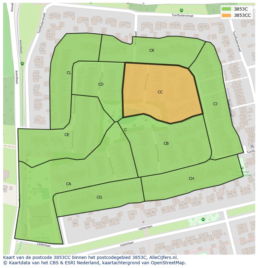 Afbeelding van het postcodegebied 3853 CC op de kaart.