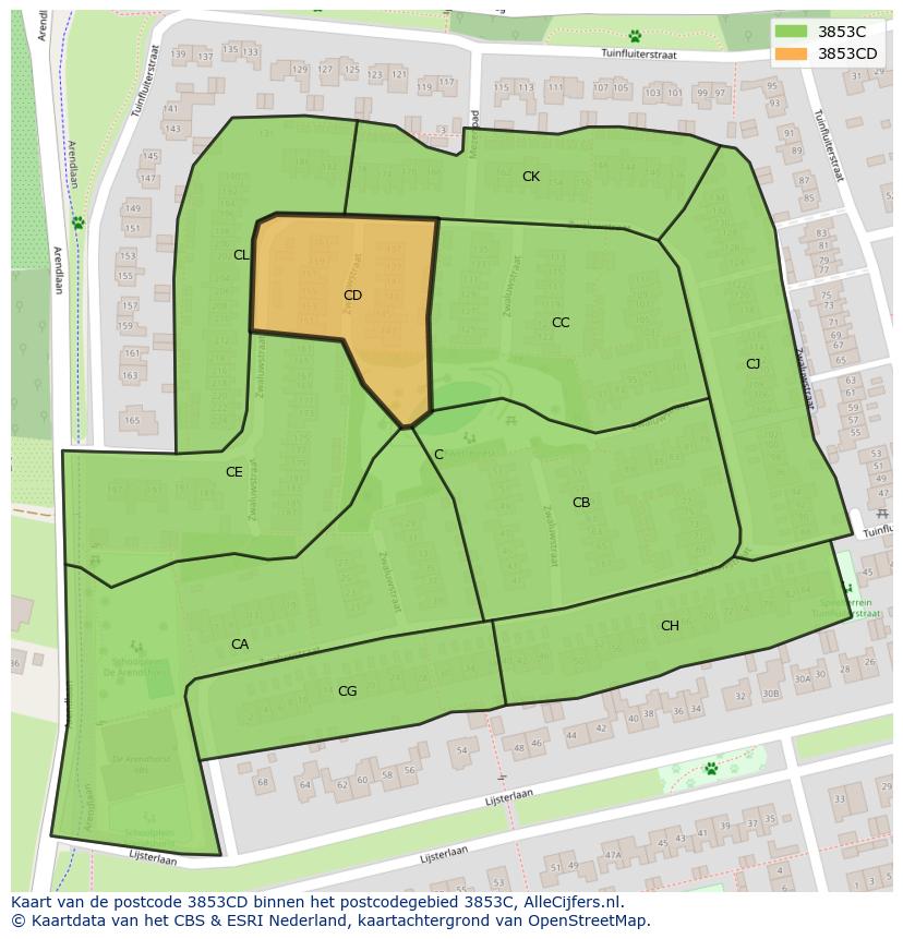 Afbeelding van het postcodegebied 3853 CD op de kaart.