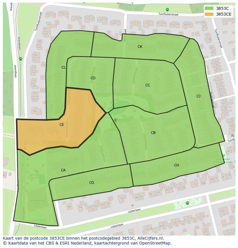 Afbeelding van het postcodegebied 3853 CE op de kaart.