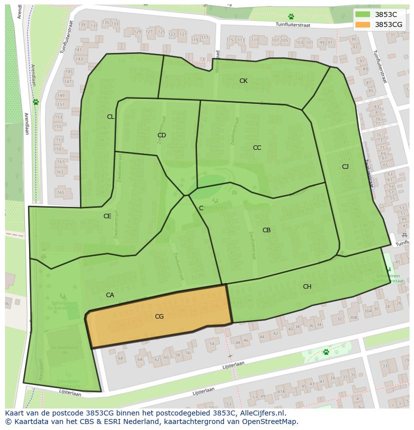 Afbeelding van het postcodegebied 3853 CG op de kaart.