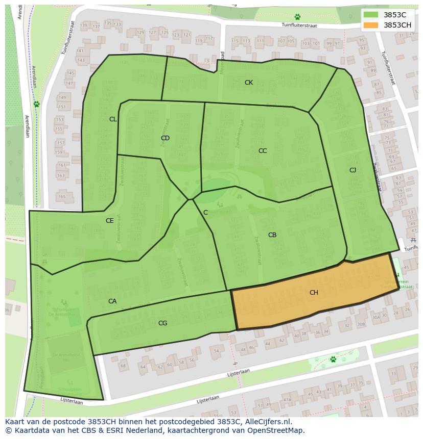 Afbeelding van het postcodegebied 3853 CH op de kaart.