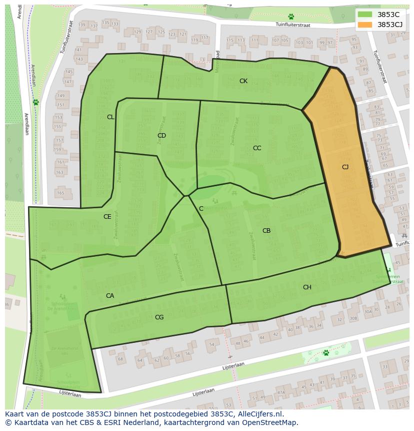 Afbeelding van het postcodegebied 3853 CJ op de kaart.