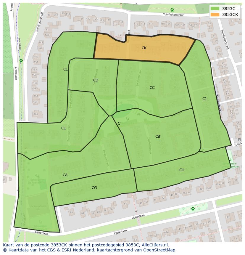 Afbeelding van het postcodegebied 3853 CK op de kaart.