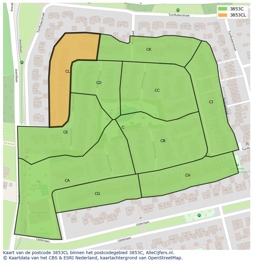 Afbeelding van het postcodegebied 3853 CL op de kaart.