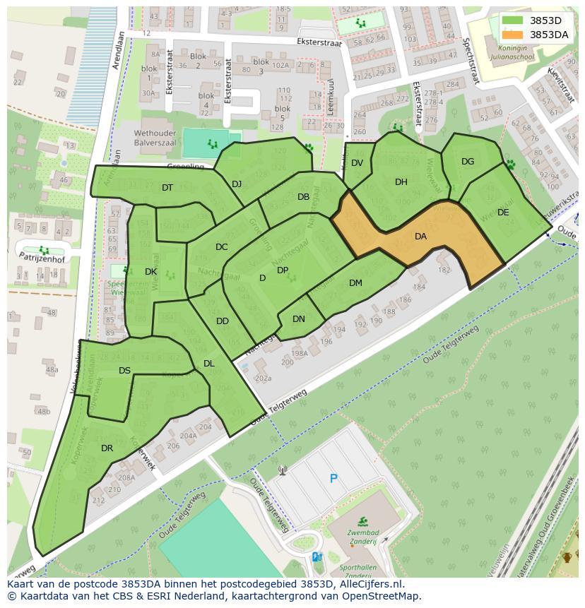 Afbeelding van het postcodegebied 3853 DA op de kaart.