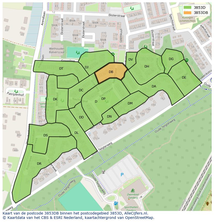 Afbeelding van het postcodegebied 3853 DB op de kaart.