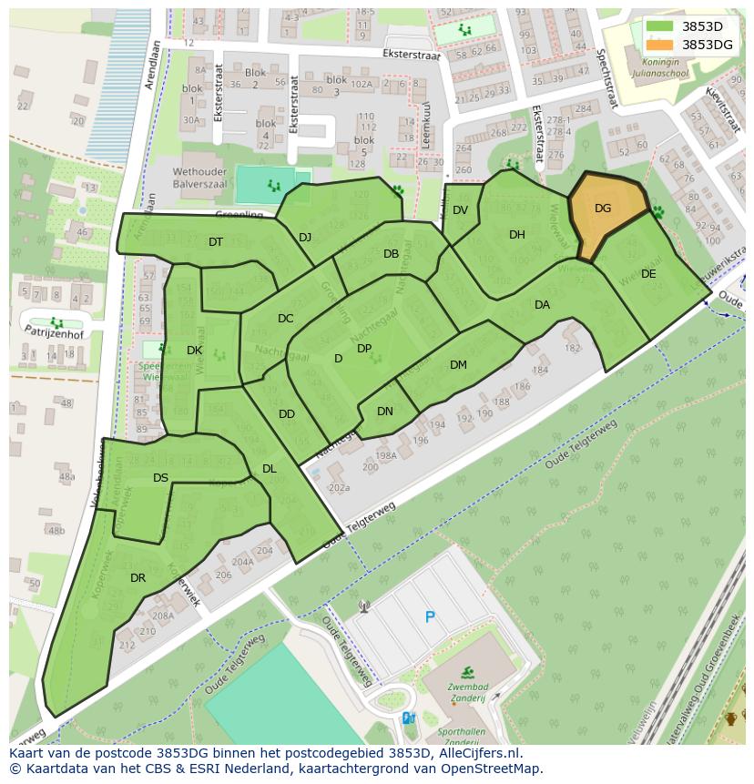 Afbeelding van het postcodegebied 3853 DG op de kaart.