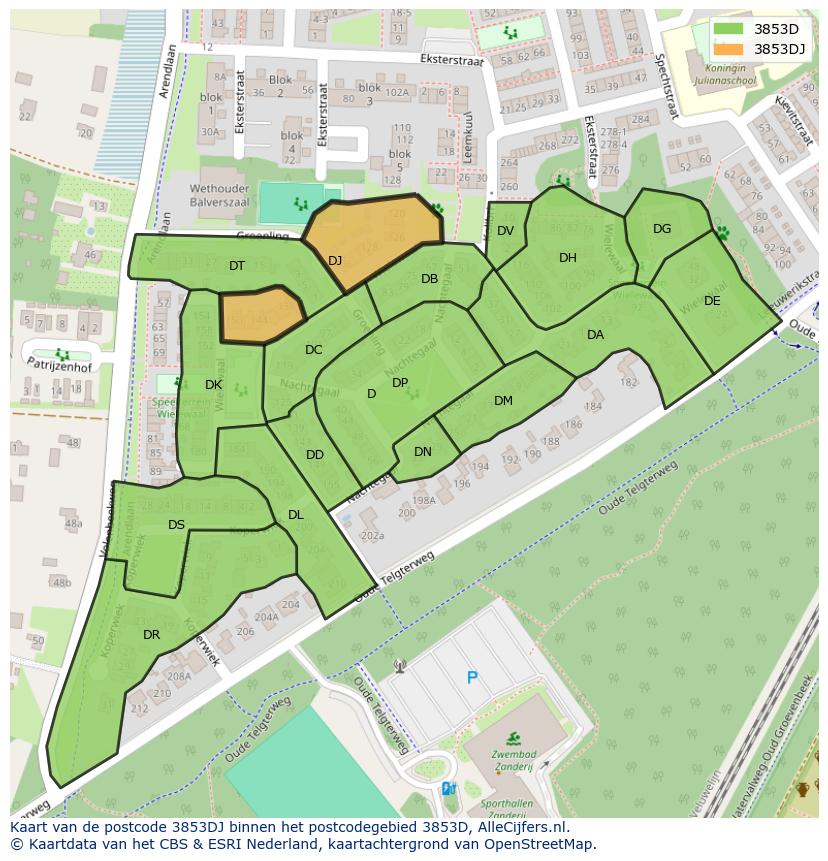 Afbeelding van het postcodegebied 3853 DJ op de kaart.