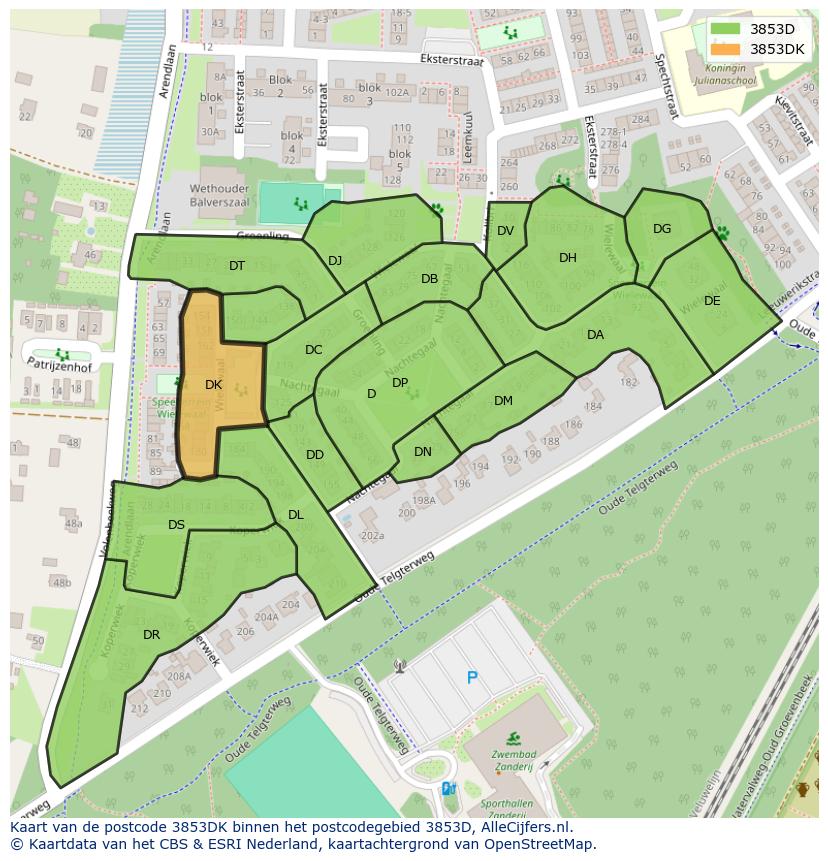 Afbeelding van het postcodegebied 3853 DK op de kaart.