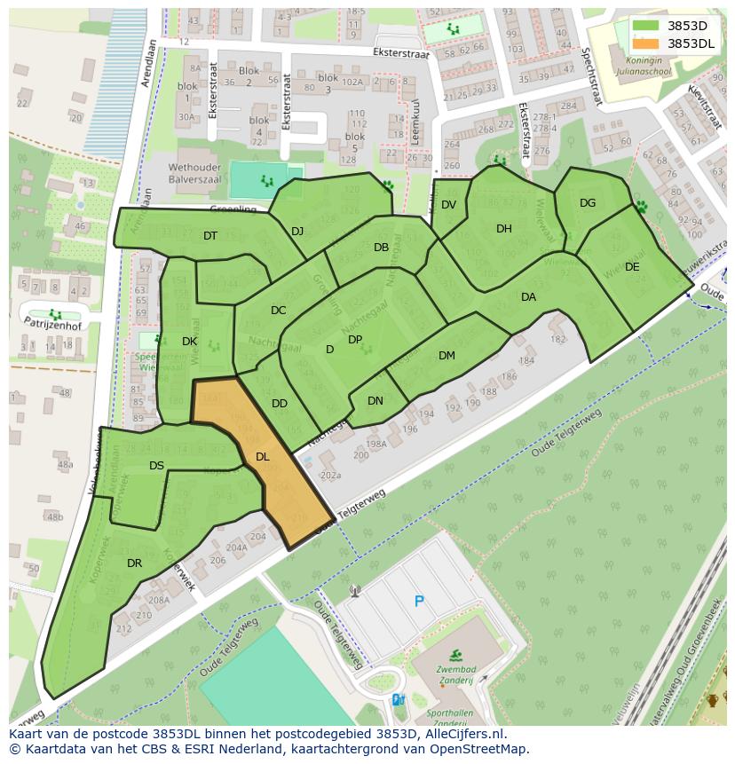 Afbeelding van het postcodegebied 3853 DL op de kaart.