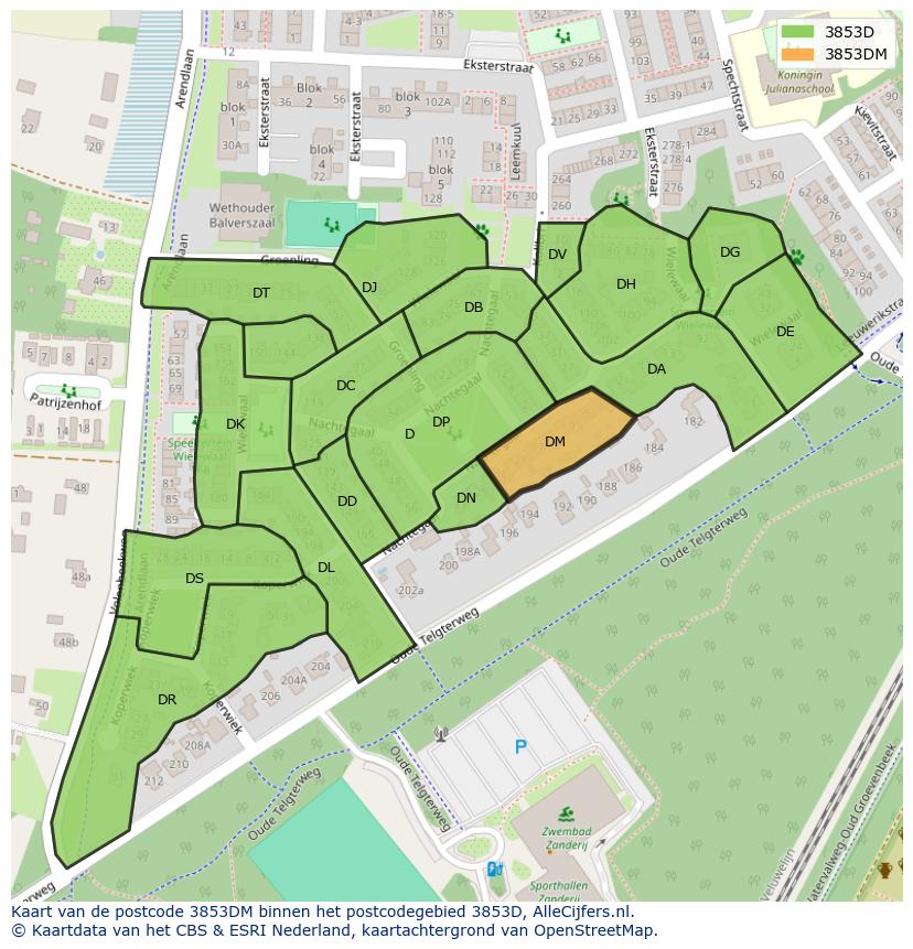 Afbeelding van het postcodegebied 3853 DM op de kaart.
