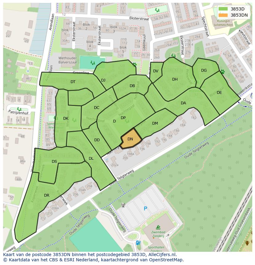 Afbeelding van het postcodegebied 3853 DN op de kaart.