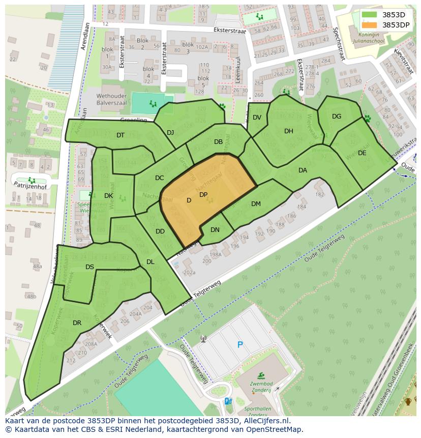 Afbeelding van het postcodegebied 3853 DP op de kaart.