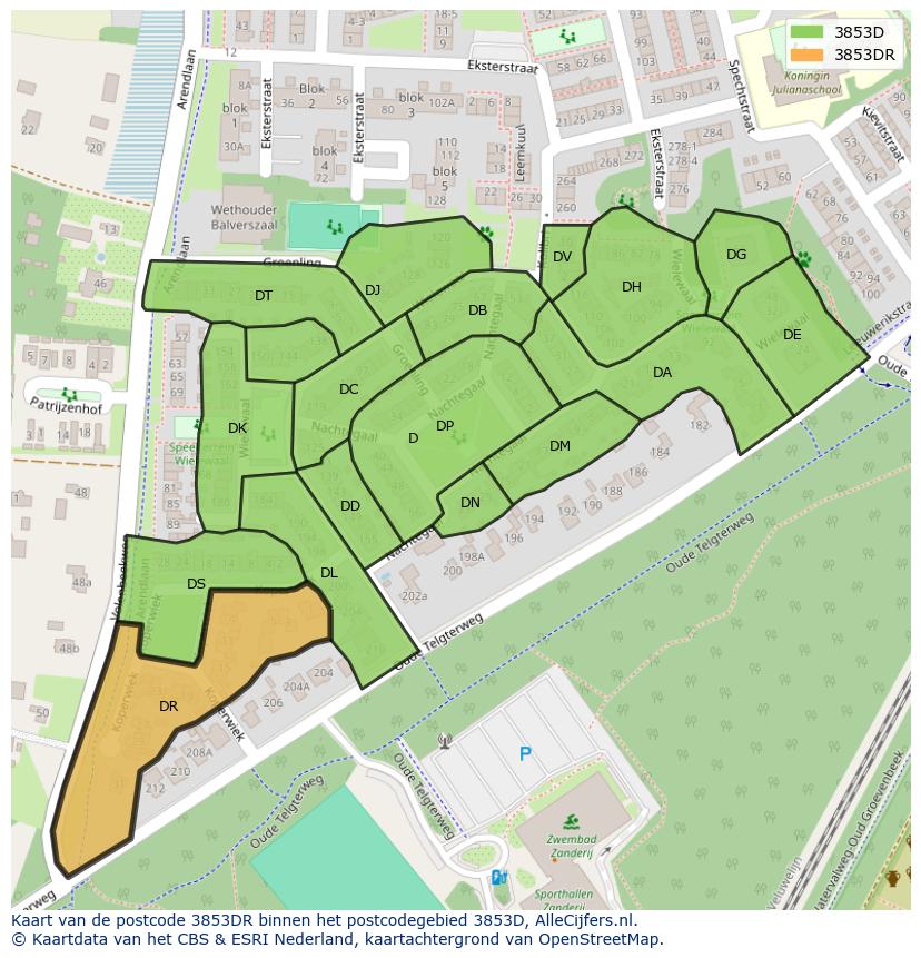 Afbeelding van het postcodegebied 3853 DR op de kaart.