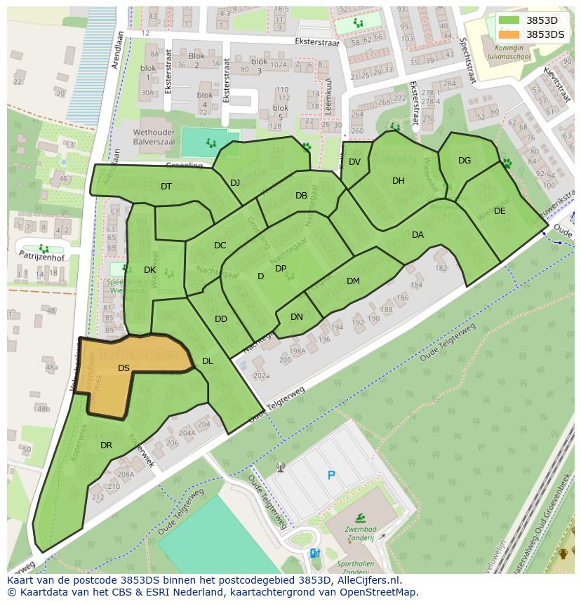 Afbeelding van het postcodegebied 3853 DS op de kaart.