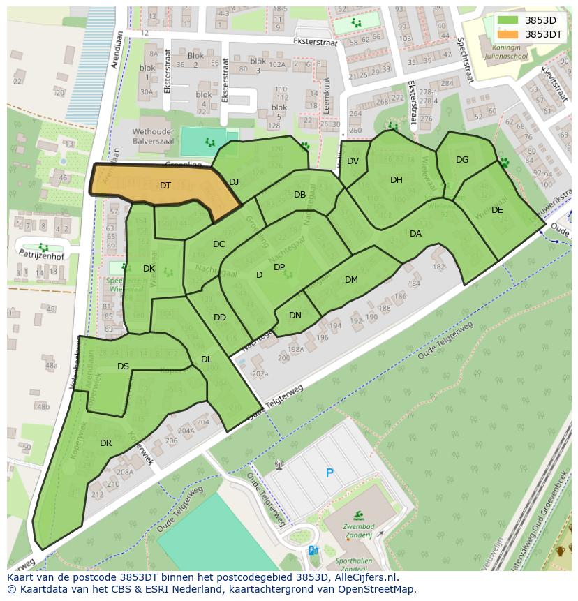 Afbeelding van het postcodegebied 3853 DT op de kaart.
