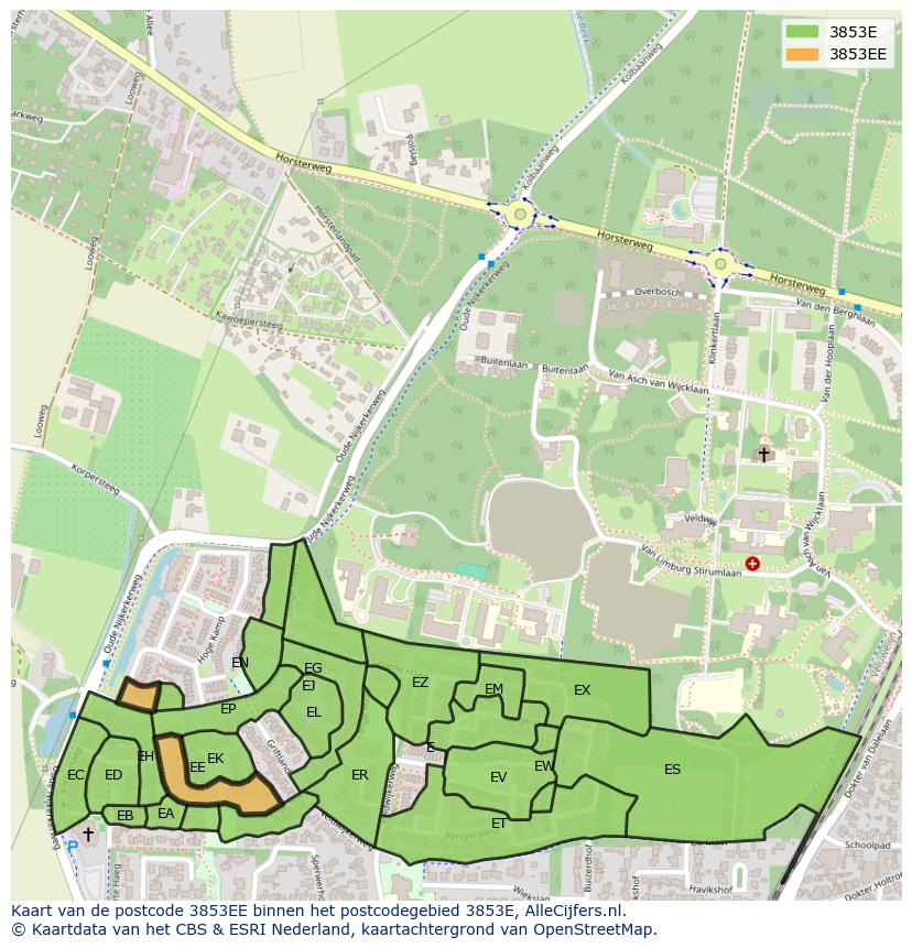 Afbeelding van het postcodegebied 3853 EE op de kaart.