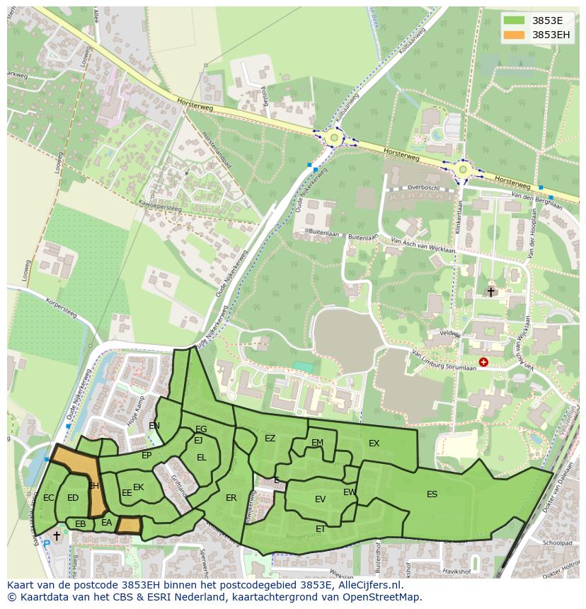 Afbeelding van het postcodegebied 3853 EH op de kaart.