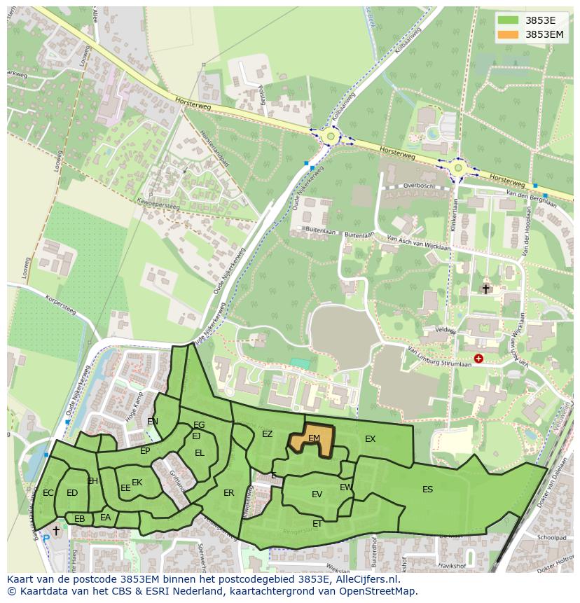 Afbeelding van het postcodegebied 3853 EM op de kaart.
