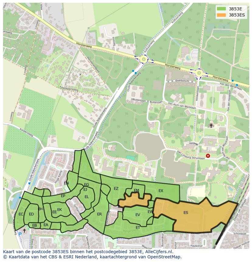 Afbeelding van het postcodegebied 3853 ES op de kaart.