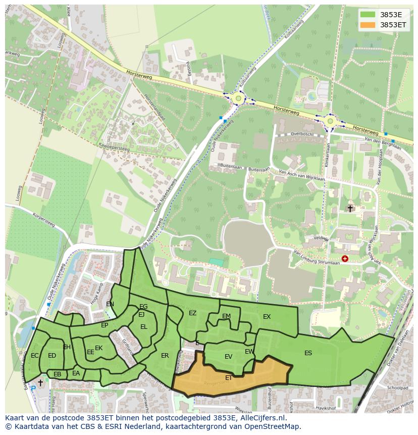 Afbeelding van het postcodegebied 3853 ET op de kaart.
