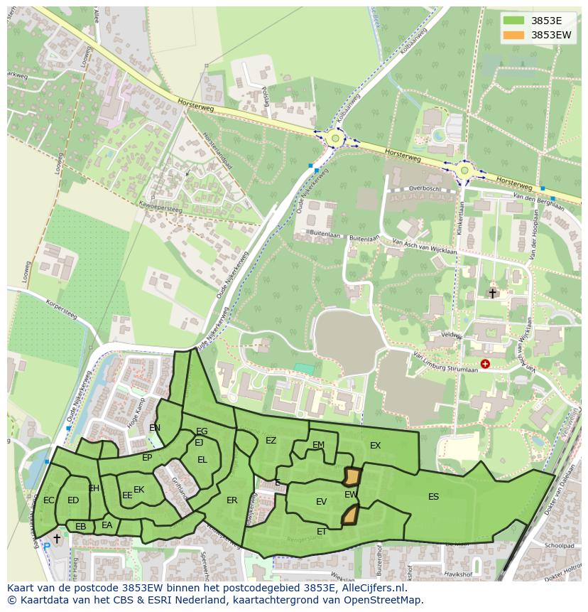 Afbeelding van het postcodegebied 3853 EW op de kaart.