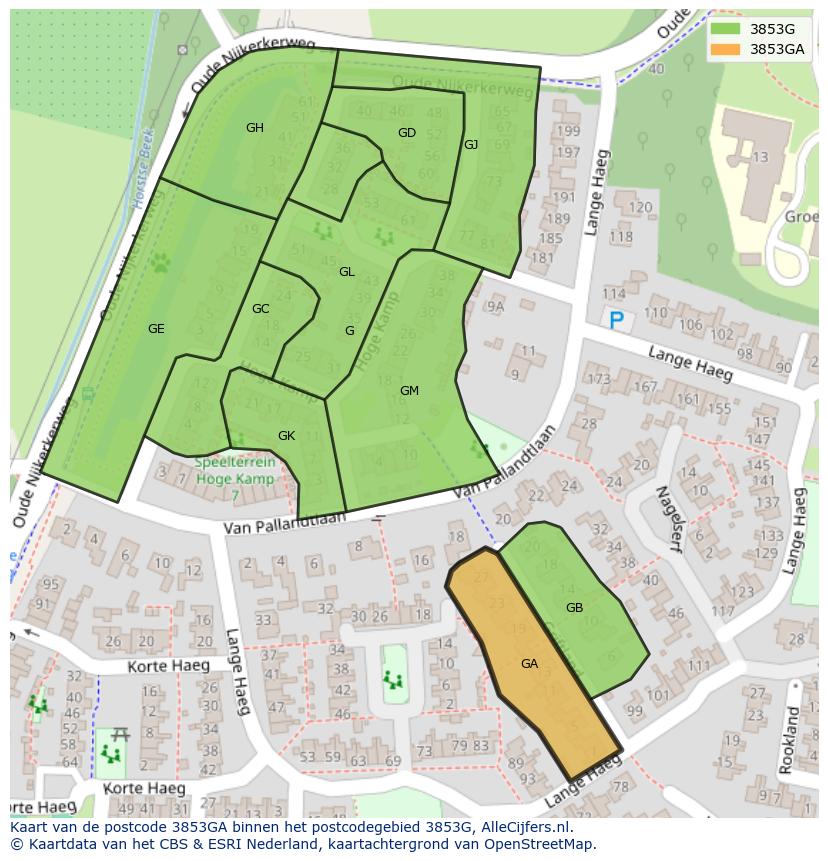 Afbeelding van het postcodegebied 3853 GA op de kaart.