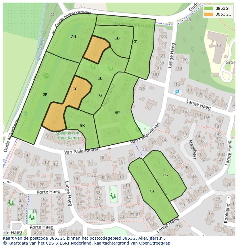Afbeelding van het postcodegebied 3853 GC op de kaart.