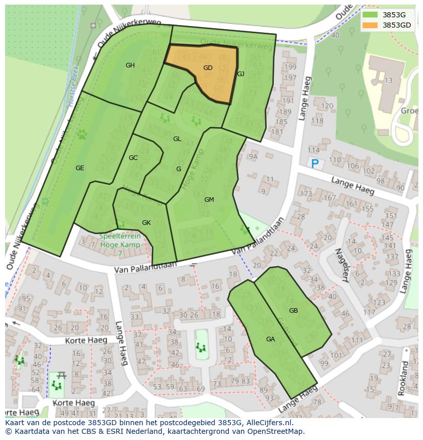 Afbeelding van het postcodegebied 3853 GD op de kaart.