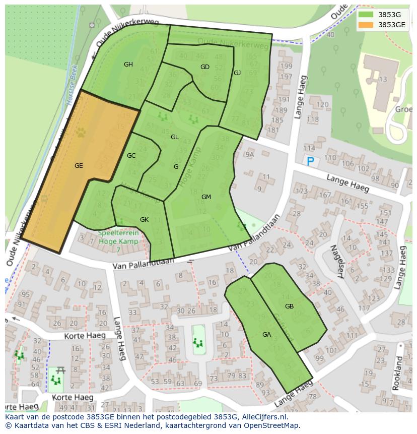 Afbeelding van het postcodegebied 3853 GE op de kaart.