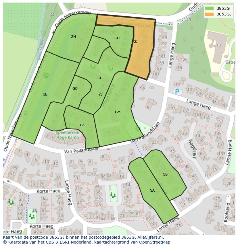 Afbeelding van het postcodegebied 3853 GJ op de kaart.