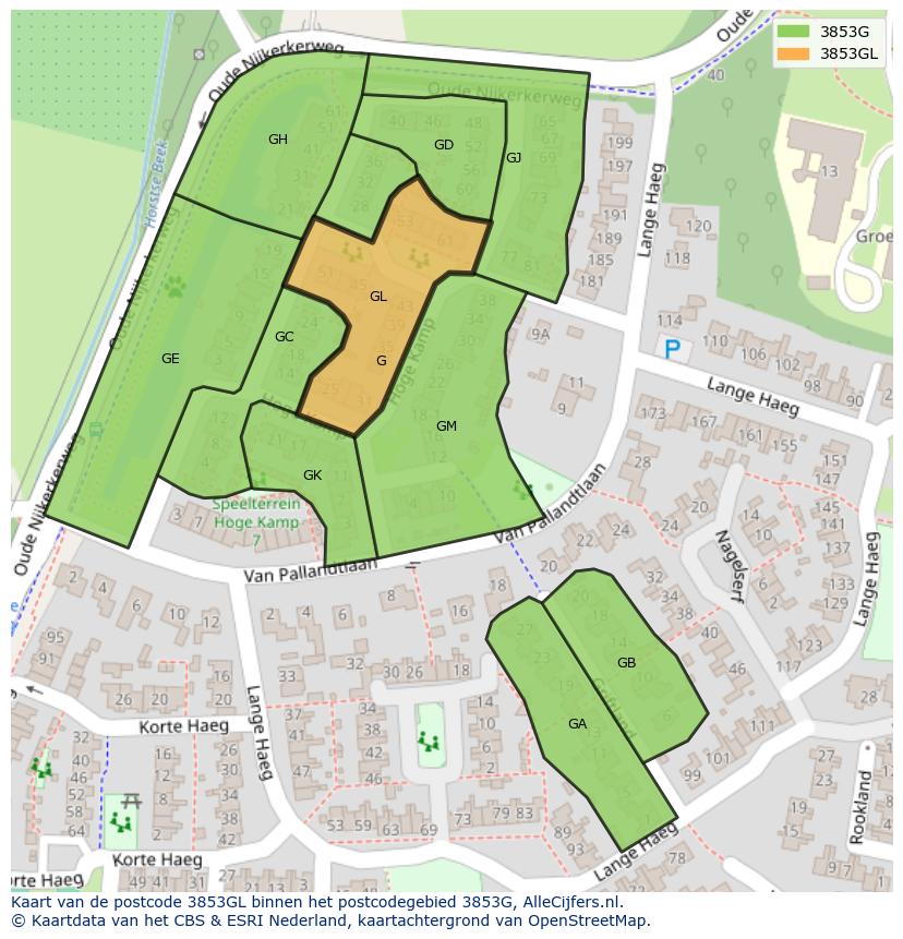 Afbeelding van het postcodegebied 3853 GL op de kaart.