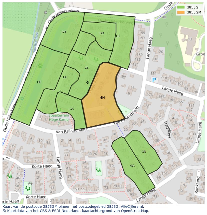 Afbeelding van het postcodegebied 3853 GM op de kaart.