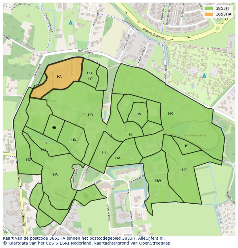Afbeelding van het postcodegebied 3853 HA op de kaart.