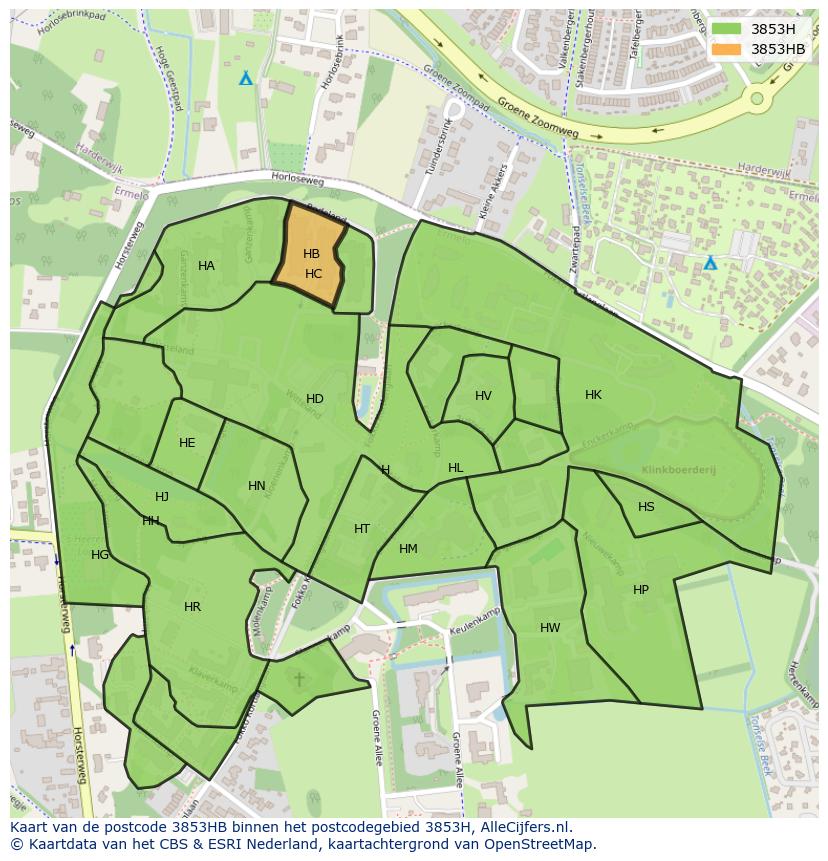 Afbeelding van het postcodegebied 3853 HB op de kaart.
