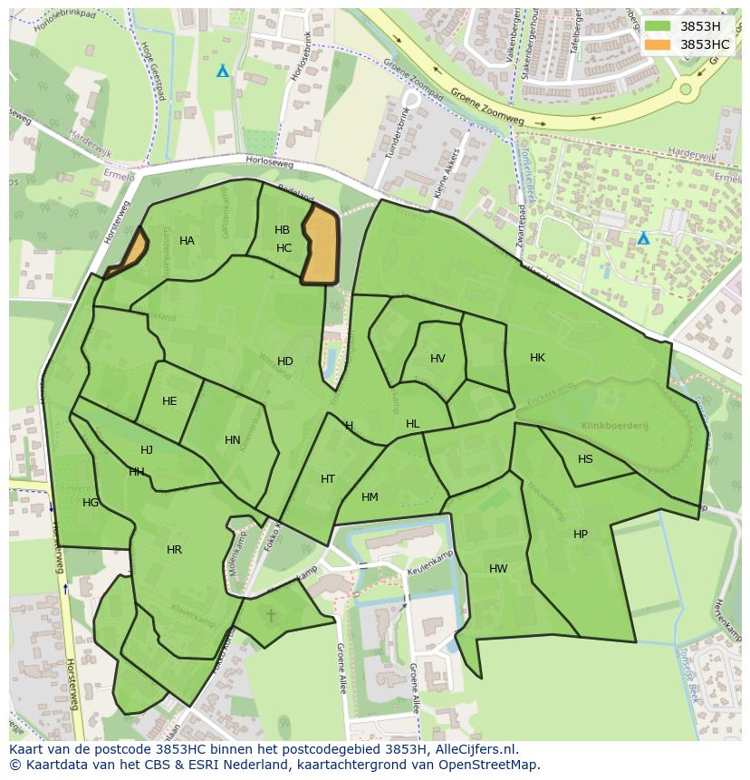 Afbeelding van het postcodegebied 3853 HC op de kaart.