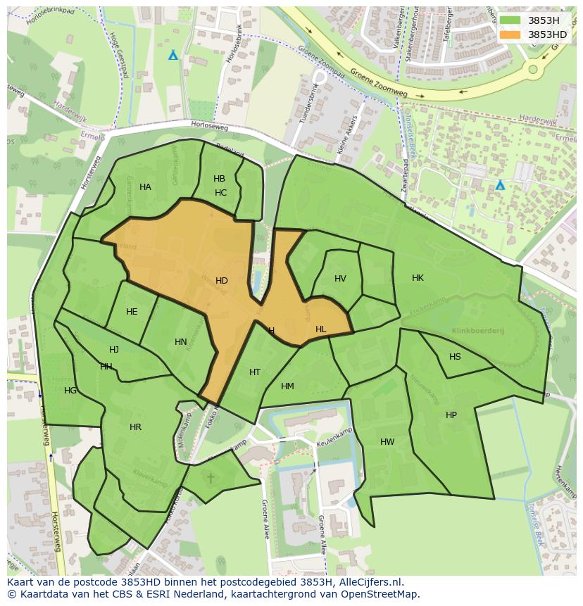 Afbeelding van het postcodegebied 3853 HD op de kaart.
