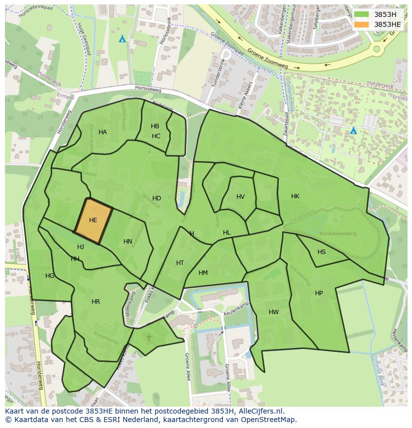Afbeelding van het postcodegebied 3853 HE op de kaart.