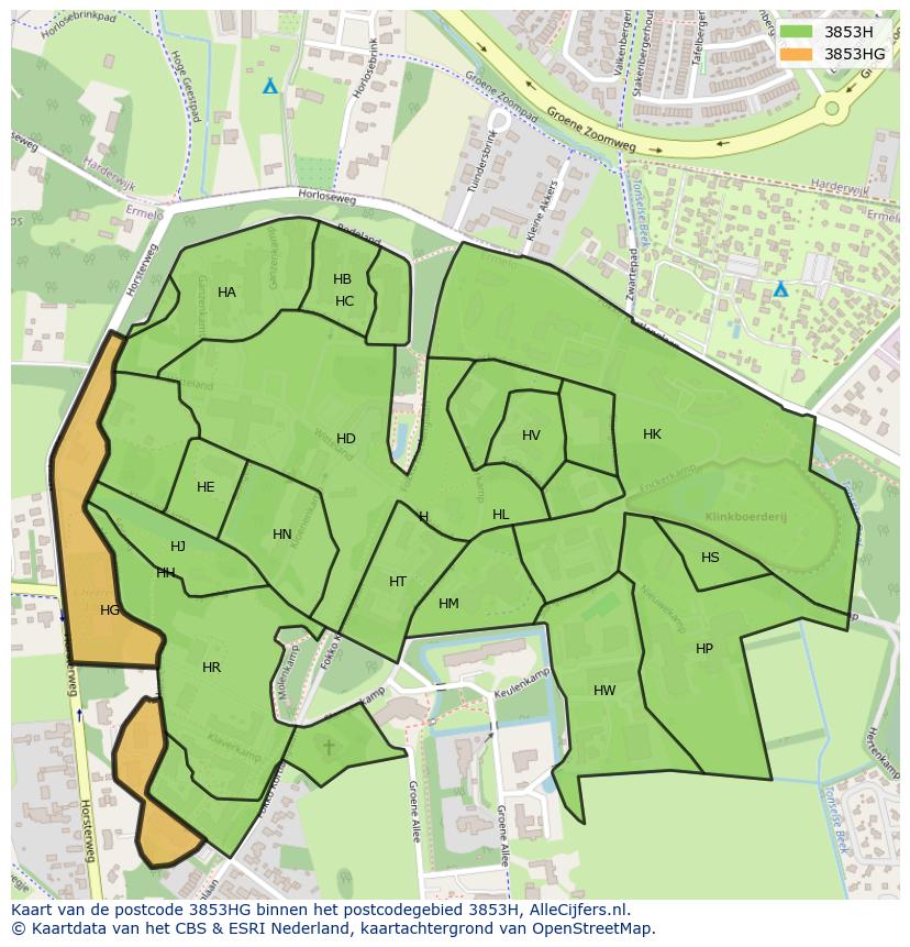 Afbeelding van het postcodegebied 3853 HG op de kaart.
