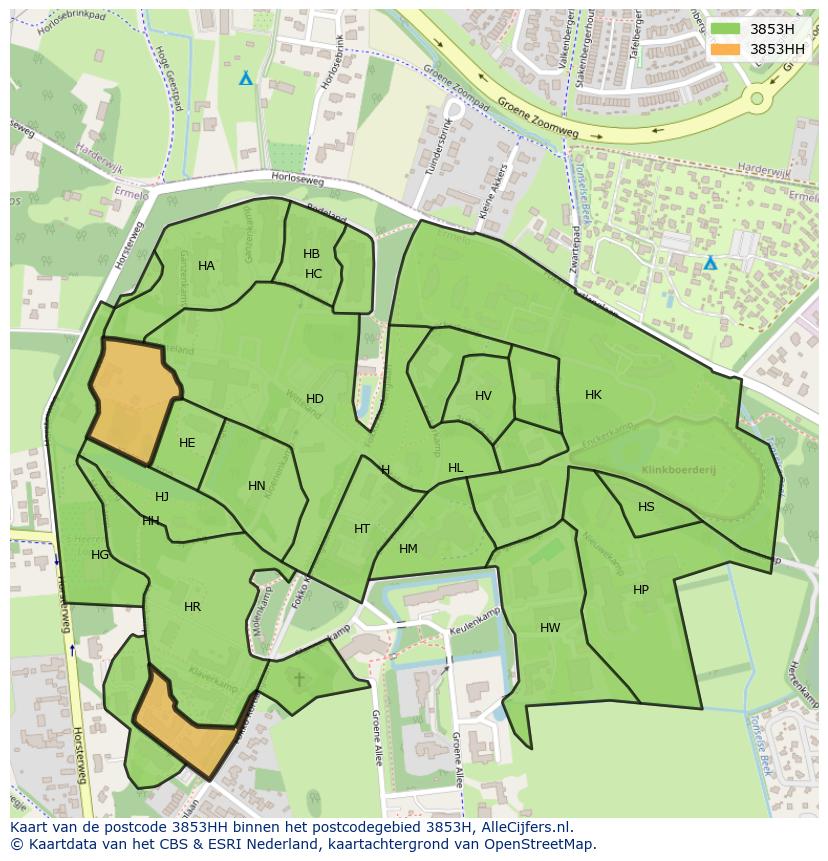 Afbeelding van het postcodegebied 3853 HH op de kaart.