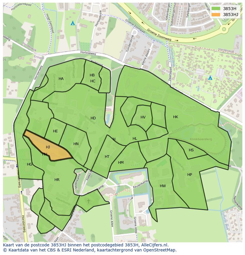 Afbeelding van het postcodegebied 3853 HJ op de kaart.