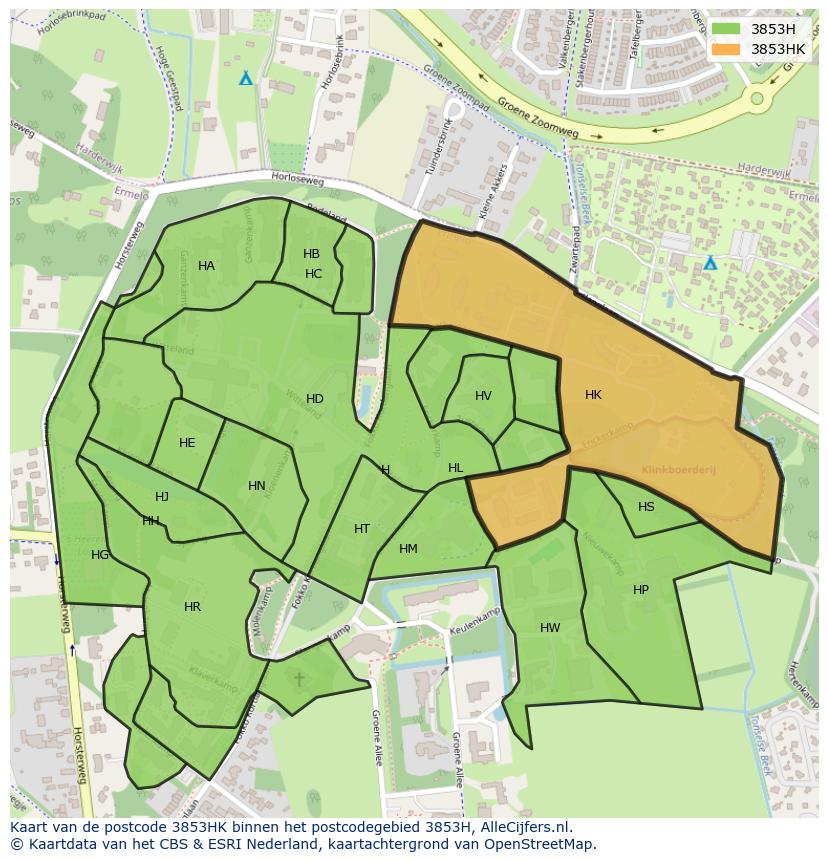 Afbeelding van het postcodegebied 3853 HK op de kaart.