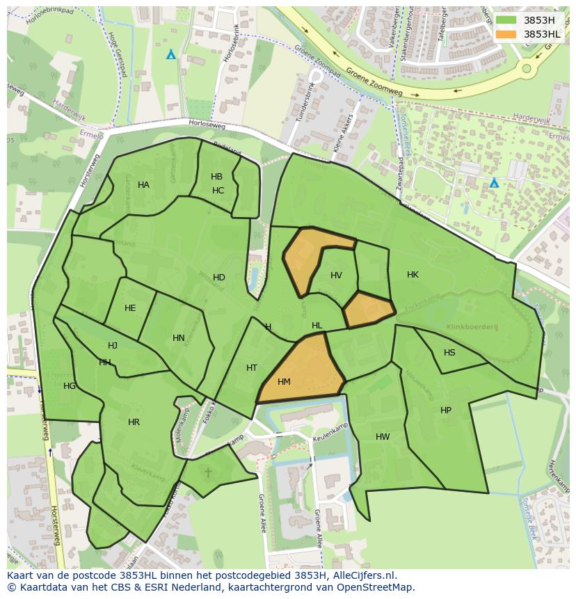 Afbeelding van het postcodegebied 3853 HL op de kaart.